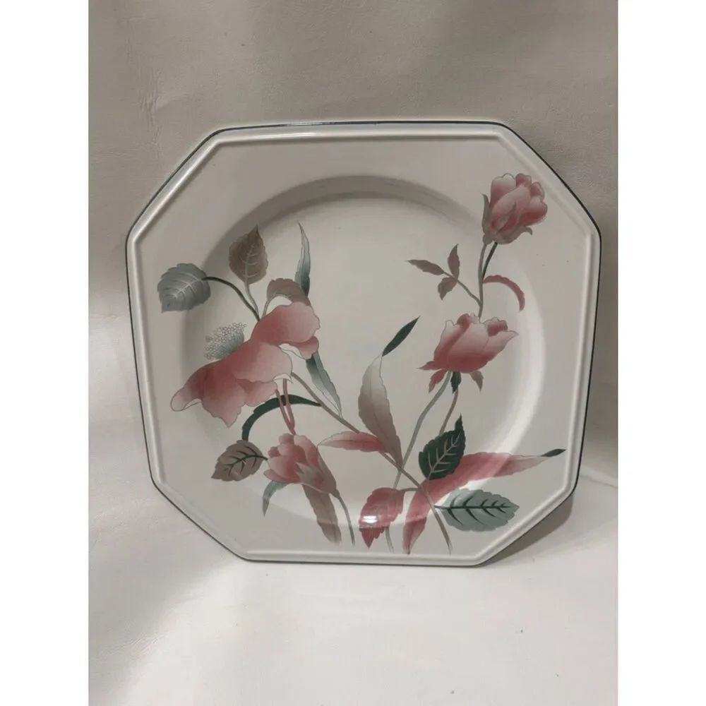 Mikasa Pink Floral Serving 12 X 12 In Platter Plate Green Leaves Silver Trim